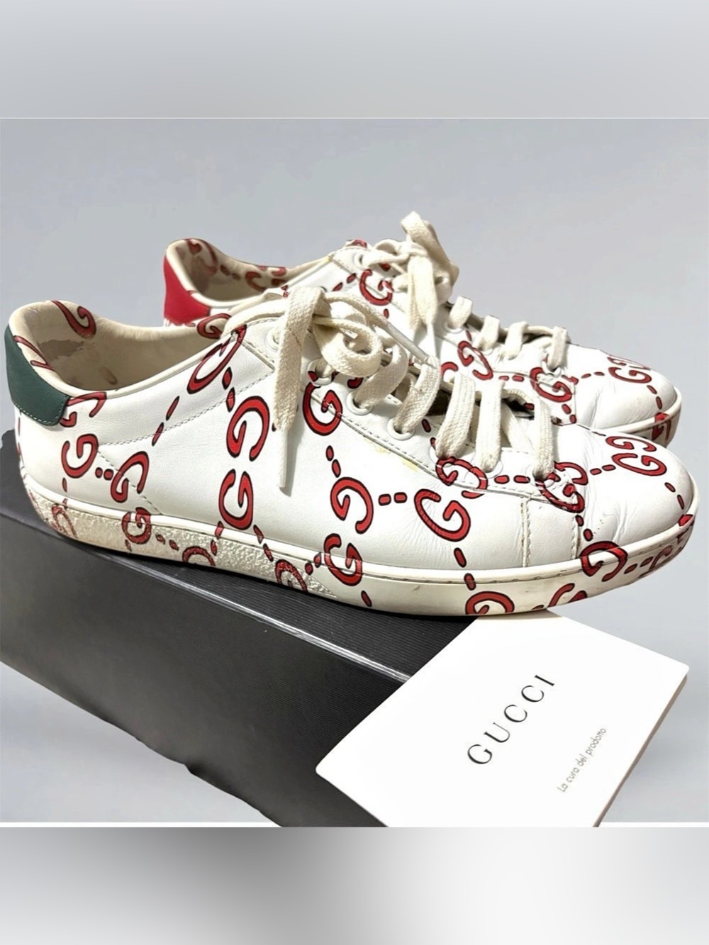 Gucci x Trouble Andrew Ace Ghost GG Monogram White Leather Sneakers Size 38